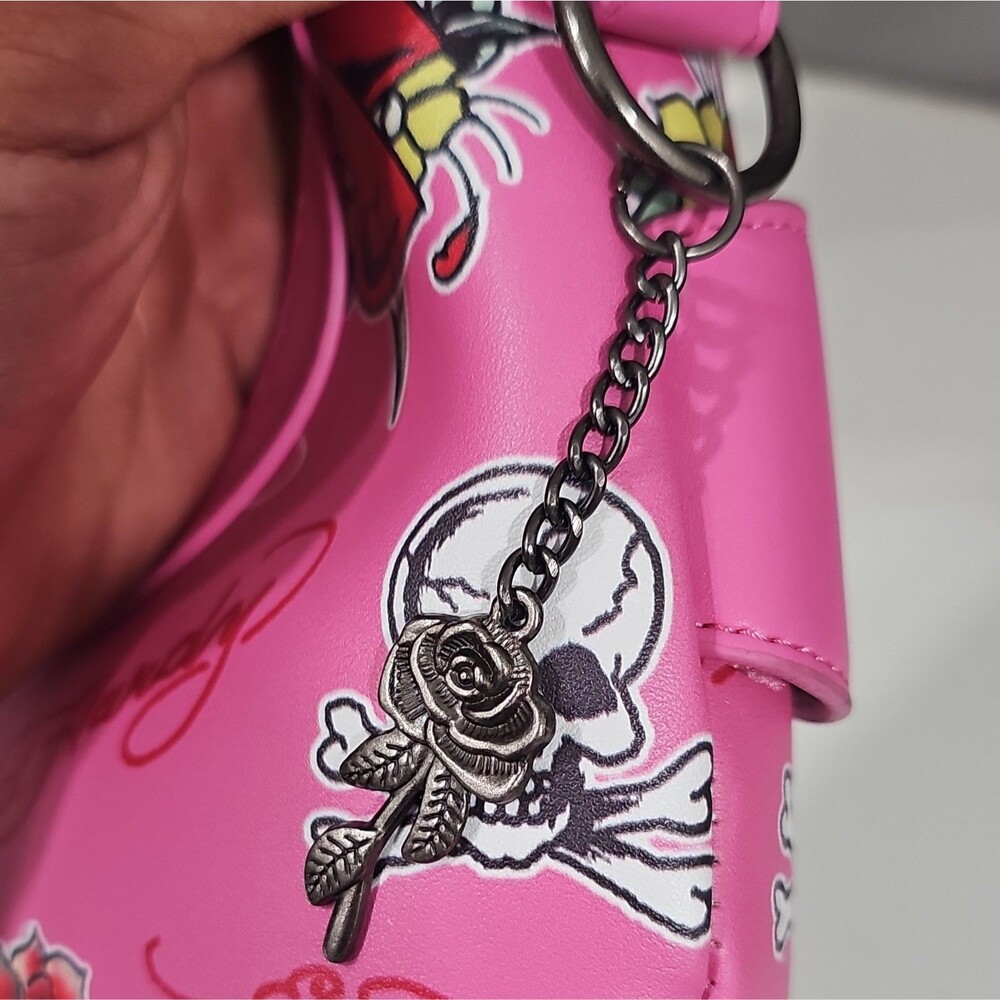 Y2K STYLE - Ed Hardy Pink Stud Shoulder Bag Skull Rose Graphic- see description - Picture 3 of 16